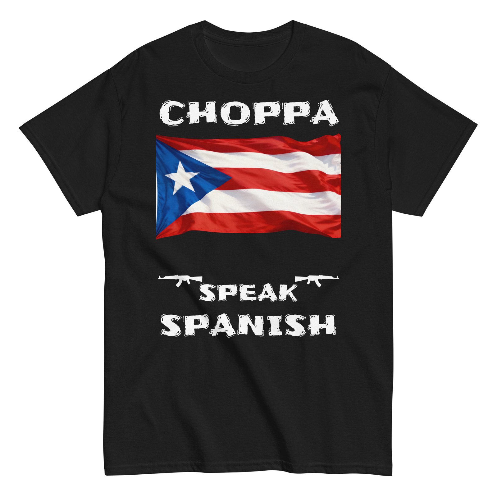 Puerto Rican flag choppa speak Spanish white text