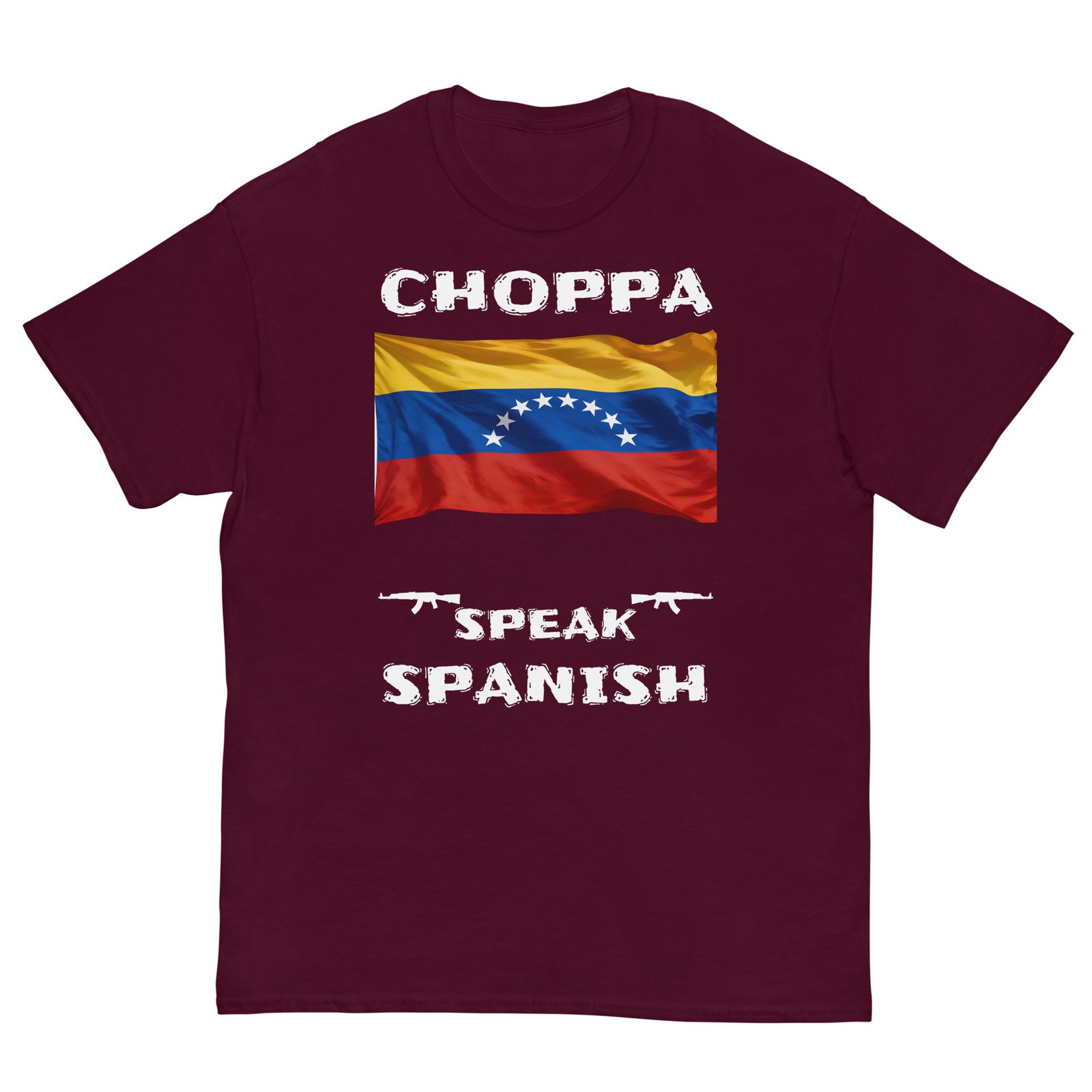 Venezuelan flag shop speak Spanish white text