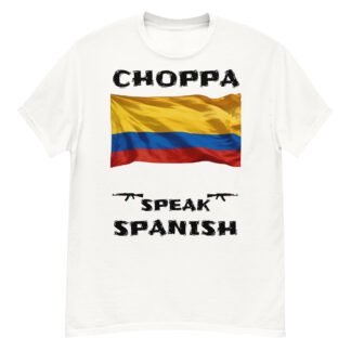 Columbia flag choppa speak Spanish T-shirt black text